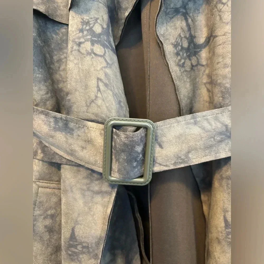 NWT Anthropologie Roxie Sueded Tie Dye Trench Coat Brown Black Tie Waist Size M